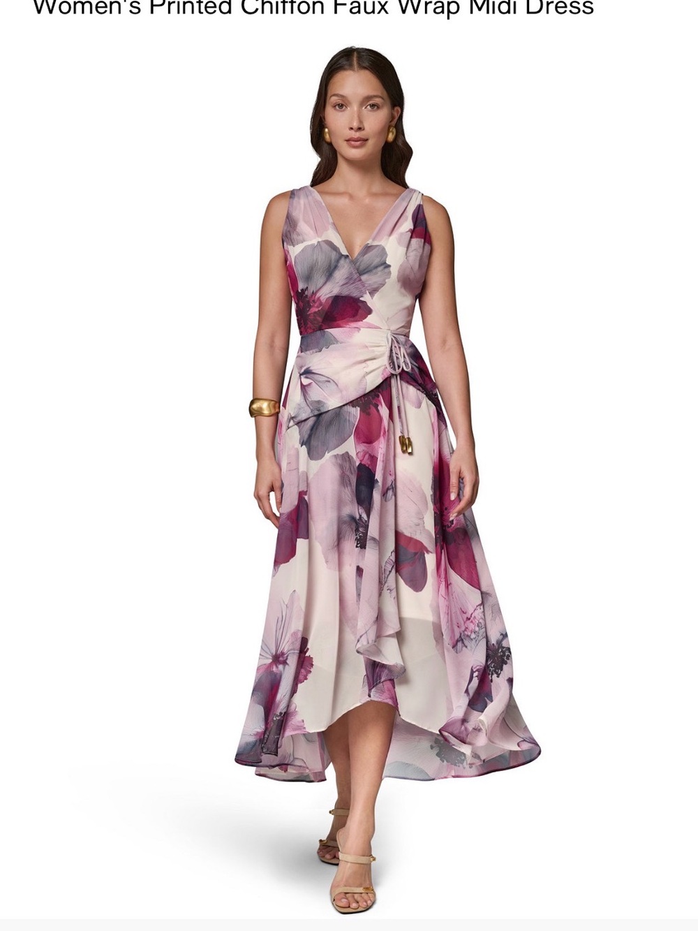 Donna Karan Pink and Plum Floral High-Low Faux Wrap Dress